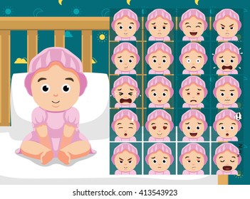 Baby Girl Cartoon Emotion faces Vector Illustration