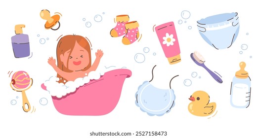 Baby girl child care accessories doodle icons set. Duck toy, milk bottle, pacifier, bib, diaper, rattle, toddler taking bath. Childhood, newborn kid care collection cute flat vector illustration