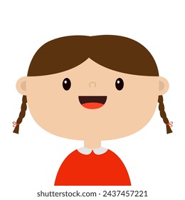 Bebé. Icono secundario. Cabeza de niño divertido. Caricatura linda kawaii personaje divertido. Cara sonriente. Pelo castaño, coleta. Decoración para la invitación tarjeta de felicitación póster impresión. Diseño plano Fondo blanco Vector