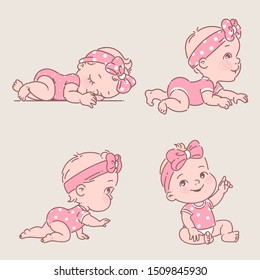 Baby girl in clothes.  Cute active little girl sleep, sit, learn to crawl. Development from newborn  six months. Toddler start to sit, crawl. First year milestones. Vector color illustration set.