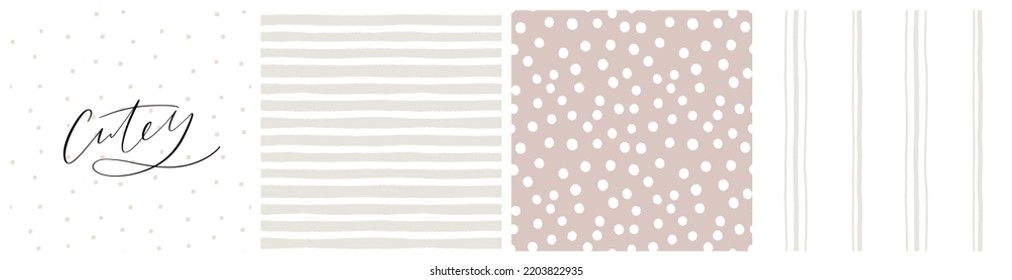 Baby girl clothing print and seamless pattern set in blush pink, khaki beige and white colors. Bedding textile fabric print with simple spot and stripe design. Cutey text, calligraphy vector design.