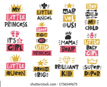 Baby girl colored hand drawn lettering set. Quote sketch typography. Vector inscription slogan. Handwritten calligraphy collection with kids symbols. Children sticker, icon, logo, elements