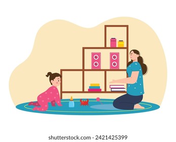 Baby girl crawling with mom, many toys at home, parenting moment. Character design. Vector flat illustration
