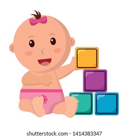 baby girl with cubes toys vector illustration