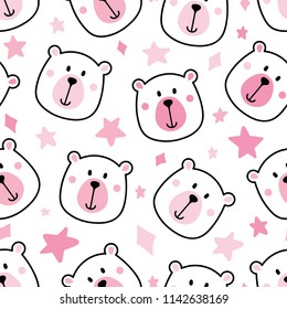 Baby Girl Cute Bear Repeat Pattern Pink Seamless Background with Stars