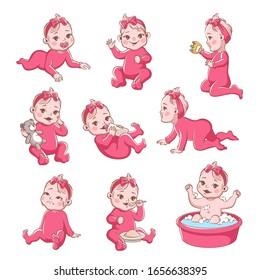 Baby girl. Cute infant with different emotions happy child, crying girls, smiling toddler sitting, playing and crawling vector newborn characters and expressions