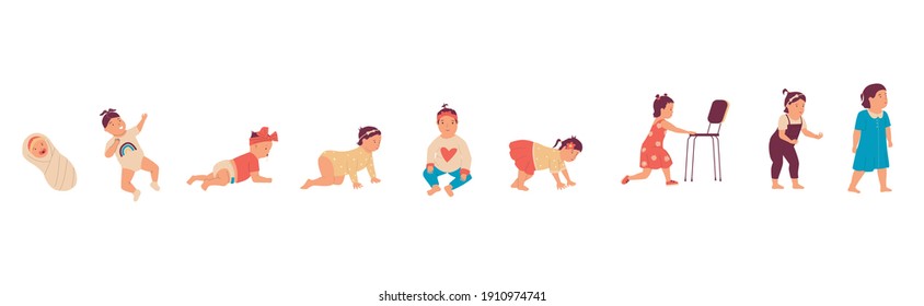 Baby girl. Cute little kid growing up process, stages of human development from newborn to walking child. Cartoon toddler learning skills. Life periods, childhood timeline. Vector infant activity set
