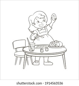 baby, girl with delight draws Easter eggs at a round children's table. coloring book, vector illustration, black and white, sketch, line art for kids