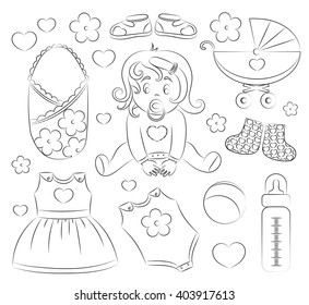 Baby girl design elements  with pram, rattle, pacifier, baby, rompers and other