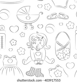 Baby girl design pattern with pram, rattle, pacifier, baby, rompers and other