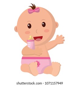 baby girl with diaper and bottle milk in hand