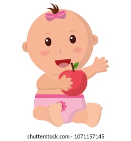 baby girl with diaper and fruit apple