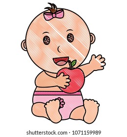 baby girl with diaper and fruit apple