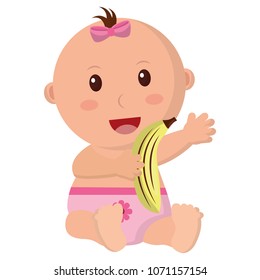 baby girl with diaper and fruit banana