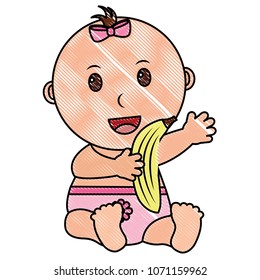 baby girl with diaper and fruit banana