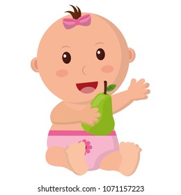 baby girl with diaper and fruit pear