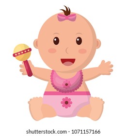baby girl with diaper and jingle bell in hand