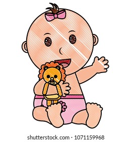 baby girl with diaper and lion teddy in hand