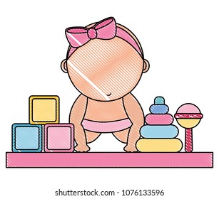 baby girl with diaper and toys icon