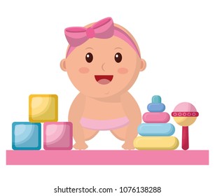 baby girl with diaper and toys icon