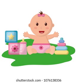 baby girl with diaper and toys icon