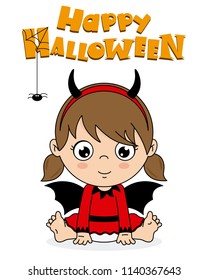 baby girl disguised as a demon. Happy halloween card