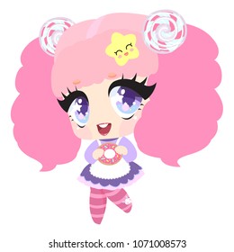 Baby girl with donut. Sweet children's character.