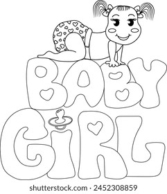 Baby girl doodle outline vector illustration. Hand drawn lettering Baby girl and cartoon illustration of cute baby girl in nappy. Design for greeting cards, baby showers, backgrounds.