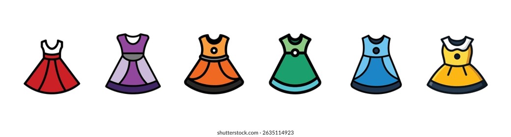 Baby girl dress icon set featuring cute baby clothing vector symbols, toddler dress design elements, infant outfit icons for fashion and children themes