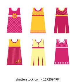 Baby girl dress isolated icon. Cute cartoon fashion dress vectors. Pink and yellow kids clothing design.