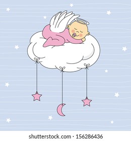 baby girl dressed angel sleeping on a cloud. Birth Card