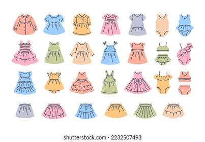 Baby girl dresses color fill line icons. Different dresses with long and short sleeves, sundresses, skirts and swimsuits for little girl. Simple linear pictograms of kids clothes. Little girl wardrobe