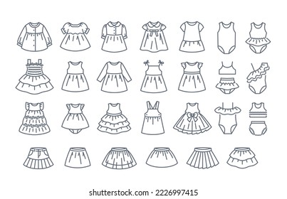 La niña bebe viste los íconos delgados. Diferentes vestidos bonitos con mangas largas y cortas, mangas, faldas y trajes de baño para las niñas. Pictogramas lineales simples de ropa infantil. Armario para niñas