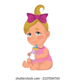 Baby girl drinking milk from a baby bottle, isolate on a white background - Vector illustration