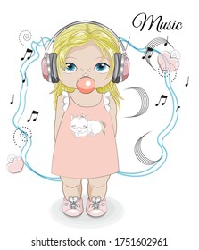 baby girl in earphones, headphones with bubblle gum, unicorn print and notes. Picture in hand drawing style for baby shower. Greeting card, party invitation, fashion clothes t-shirt print