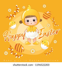 Baby girl in easter costume surrounding with easter colorful elements for Easter Card Template : Vector Illustration