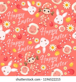 Baby girl in easter costume surrounding with easter colorful elements for Easter Card Template : Seamless Pattern : Vector Illustration