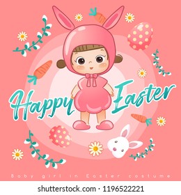 Baby girl in easter costume surrounding with easter colorful elements for Easter Card Template : Vector Illustration