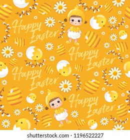 Baby girl in easter costume surrounding with easter colorful elements for Easter Card Template : Seamless Pattern : Vector Illustration