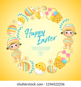 Baby girl in easter costume surrounding with easter colorful elements for Easter Card Template : Vector Illustration