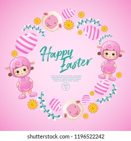 Baby girl in easter costume surrounding with easter colorful elements for Easter Card Template : Vector Illustration