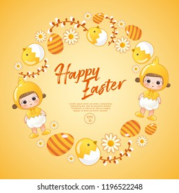 Baby girl in easter costume surrounding with easter colorful elements for Easter Card Template : Vector Illustration