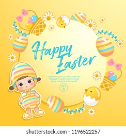 Baby girl in easter costume surrounding with easter colorful elements for Easter Card Template : Vector Illustration