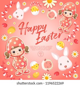 Baby girl in easter costume surrounding with easter colorful elements for Easter Card Template : Vector Illustration