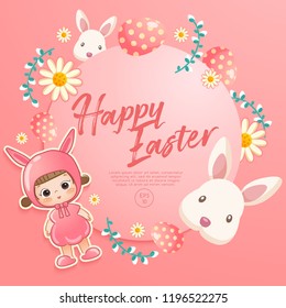 Baby girl in easter costume surrounding with easter colorful elements for Easter Card Template : Vector Illustration