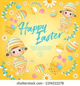 Baby girl in easter costume surrounding with easter colorful elements for Easter Card Template : Vector Illustration