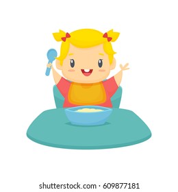 Baby girl eating cartoon illustration vector