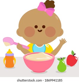 Baby Girl Eating Cereal. Vector Illustration