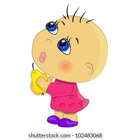 baby girl eating fruits illustration. cartoon little girl