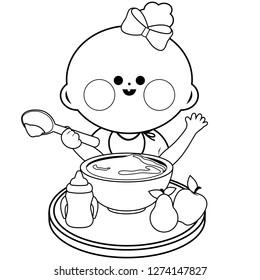 A baby girl is eating her breakfast of cereal and fruits. Vector black and white coloring page.